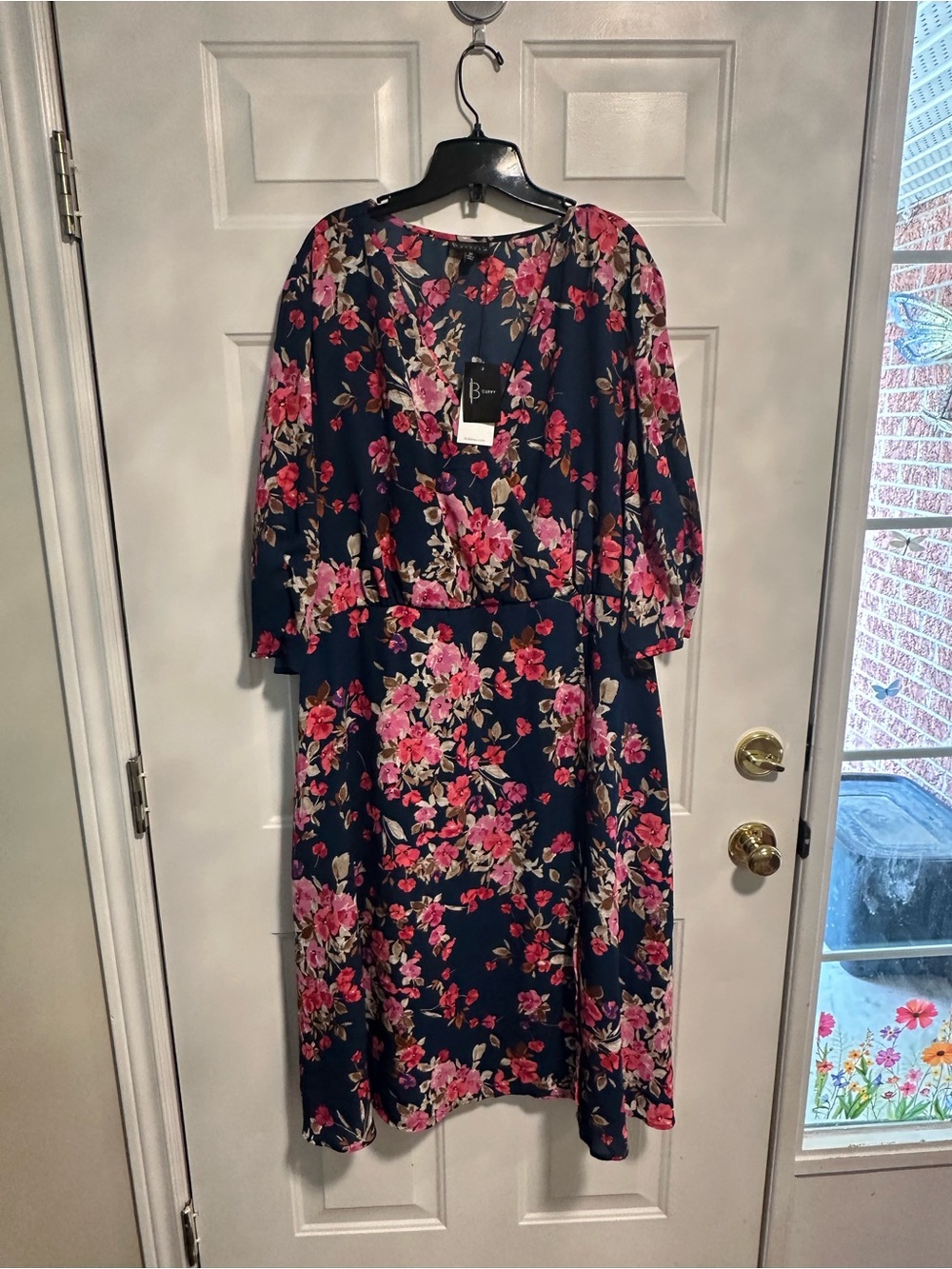 bobeau Navy Midi Dress with Pink Floral Print